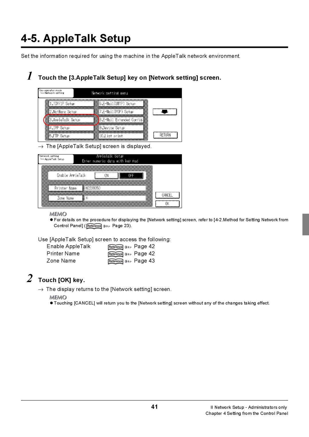 Konica Minolta 7228, Konica 7222, 7235 manual Touch the 3.AppleTalk Setup key on Network setting screen 