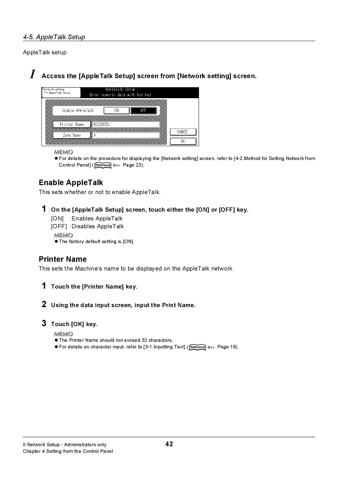 Konica Minolta Konica 7222 Enable AppleTalk, Printer Name, AppleTalk setup, This sets whether or not to enable AppleTalk 