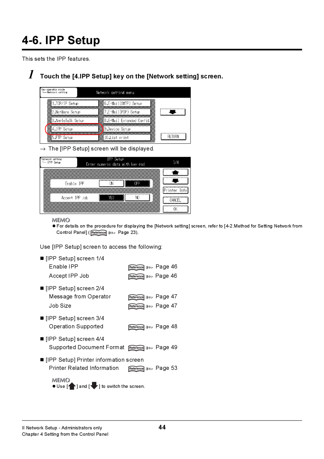 Konica Minolta 7228, Konica 7222 Touch the 4.IPP Setup key on the Network setting screen, This sets the IPP features 