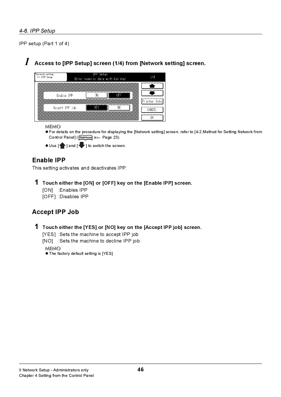 Konica Minolta 7235, Konica 7222 Enable IPP, Accept IPP Job, Access to IPP Setup screen 1/4 from Network setting screen 