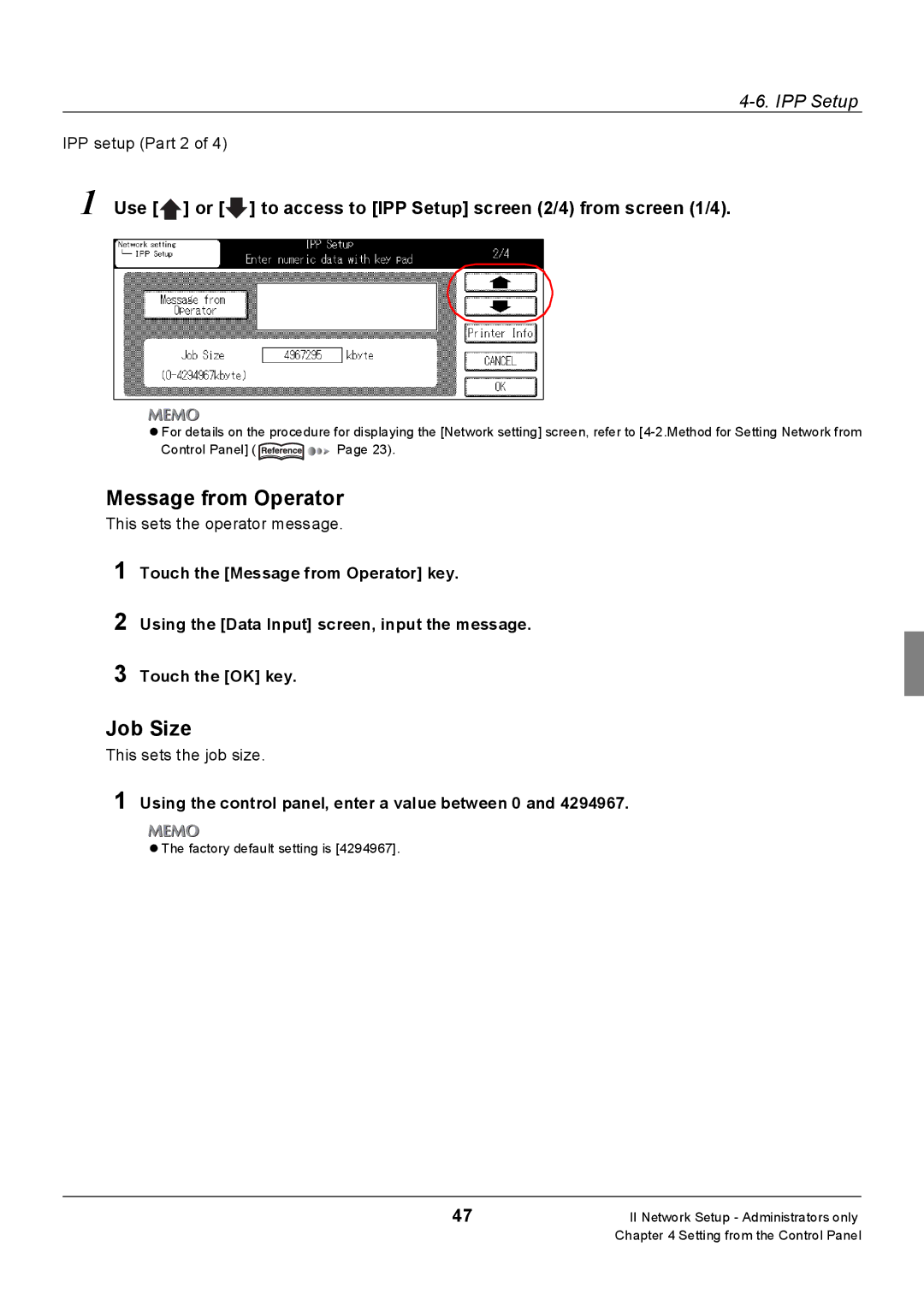 Konica Minolta 7228, Konica 7222 Message from Operator, Job Size, Use or to access to IPP Setup screen 2/4 from screen 1/4 