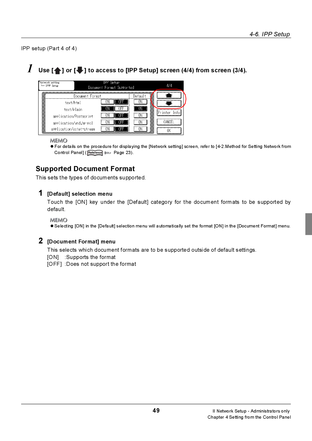 Konica Minolta 7235, Konica 7222, 7228 Supported Document Format, Use or to access to IPP Setup screen 4/4 from screen 3/4 