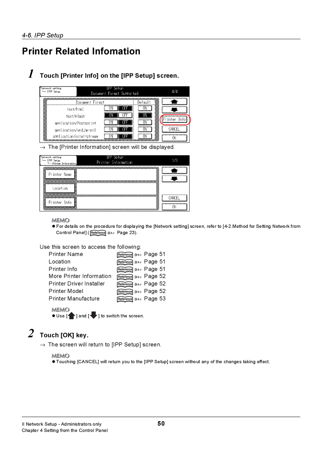 Konica Minolta 7228, Konica 7222, 7235 manual Printer Related Infomation, Touch Printer Info on the IPP Setup screen 