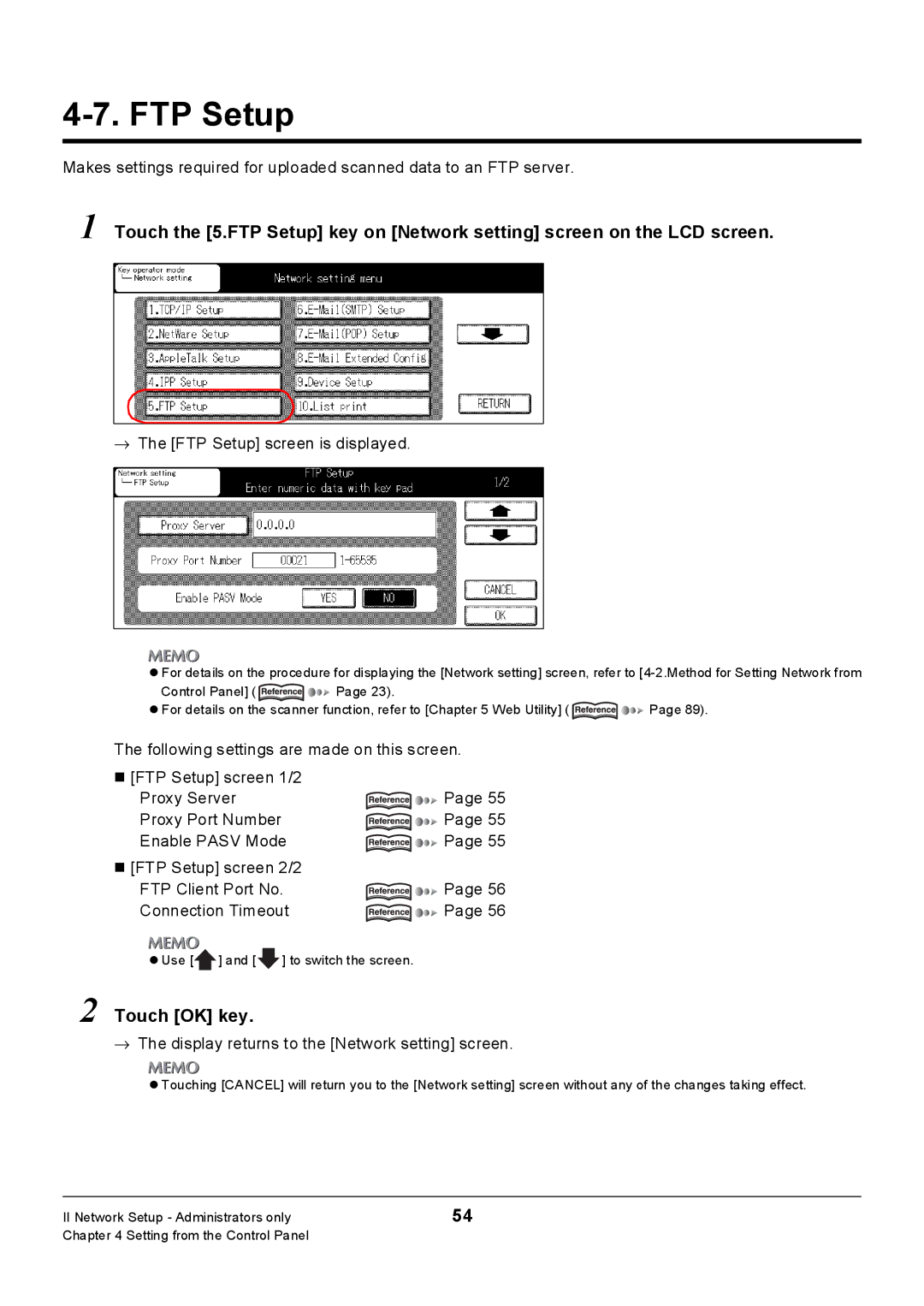 Konica Minolta Konica 7222, 7235, 7228 manual → The FTP Setup screen is displayed 