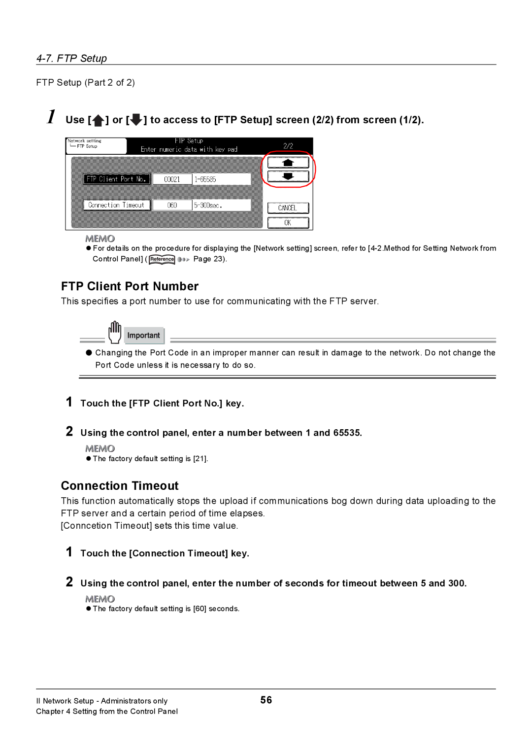 Konica Minolta 7228 FTP Client Port Number, Connection Timeout, Use or to access to FTP Setup screen 2/2 from screen 1/2 