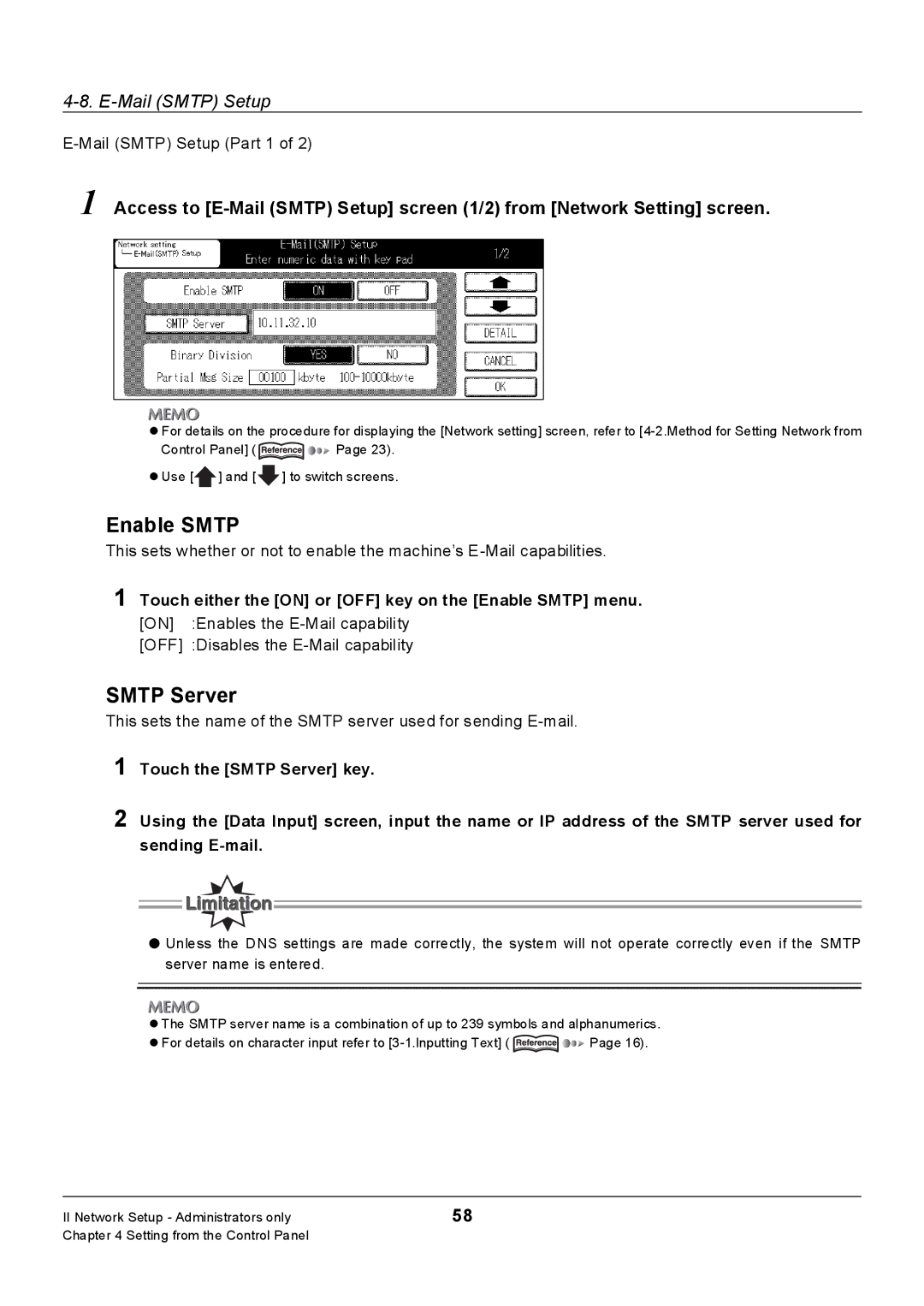 Konica Minolta 7235, Konica 7222, 7228 manual Smtp Server, Touch either the on or OFF key on the Enable Smtp menu 