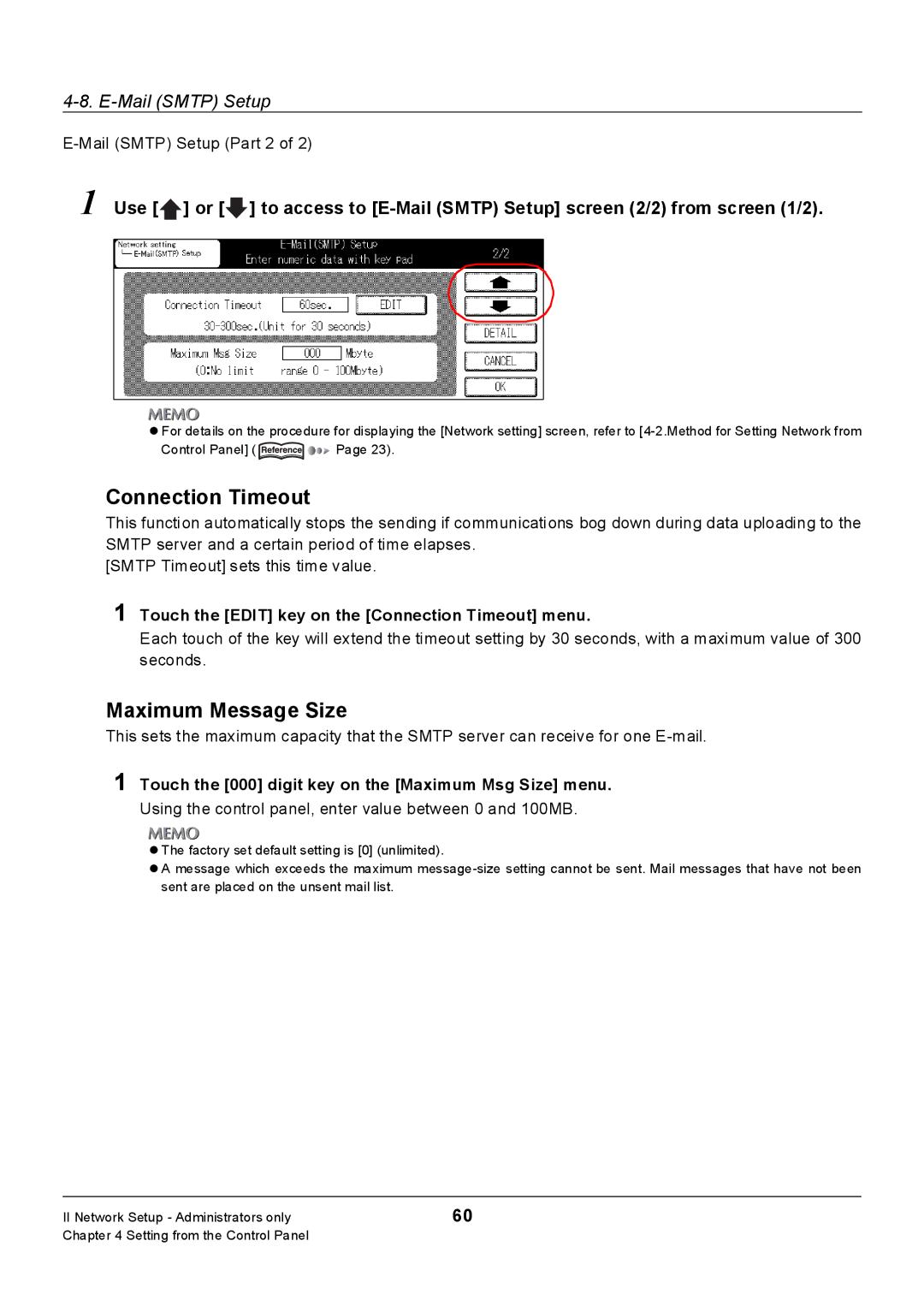 Konica Minolta Konica 7222 Maximum Message Size, Mail Smtp Setup Part 2, Touch the Edit key on the Connection Timeout menu 