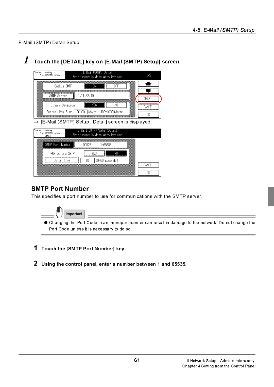 Konica Minolta 7235, 7228 manual Smtp Port Number, Touch the Detail key on E-Mail Smtp Setup screen, Mail Smtp Detail Setup 