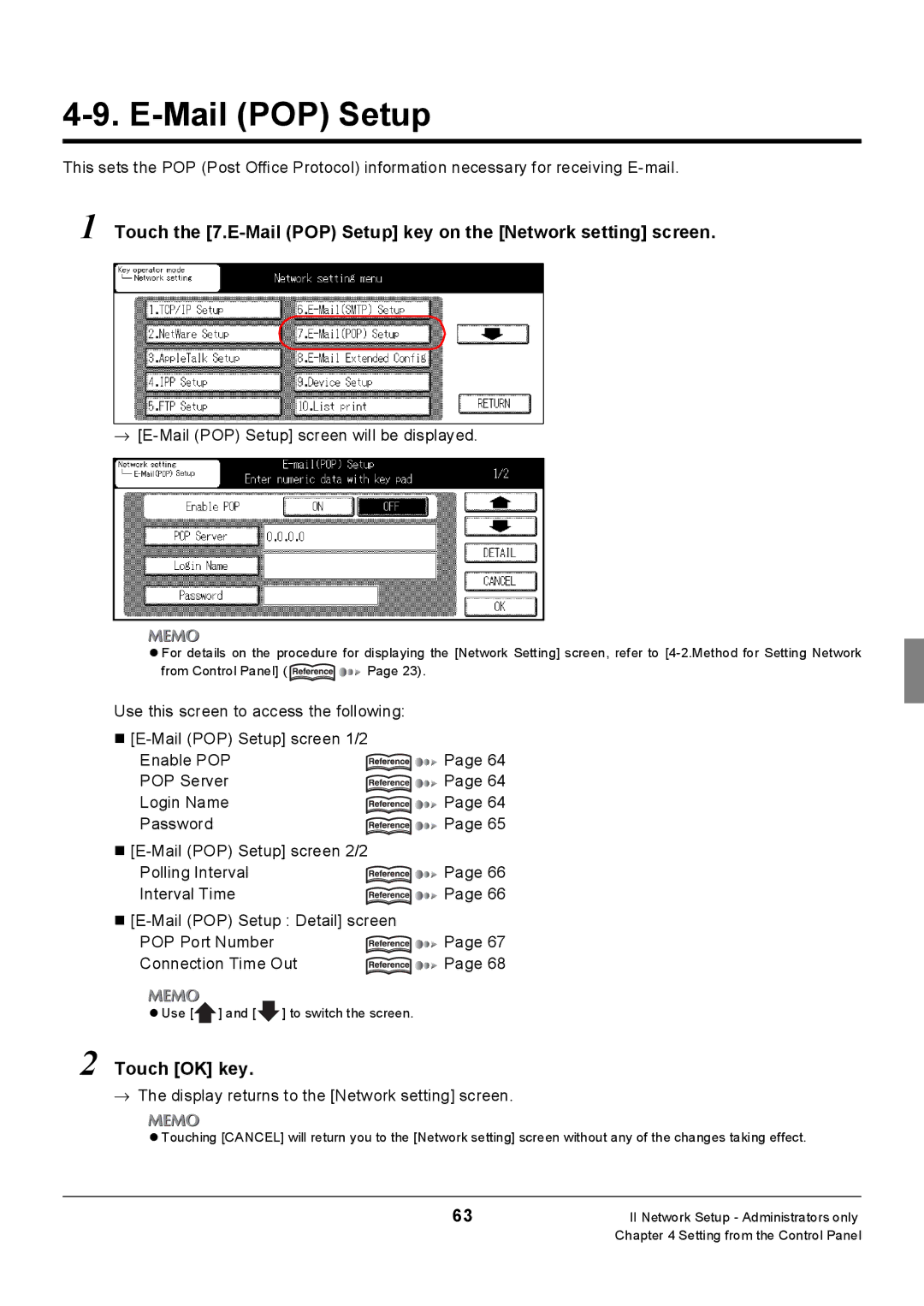 Konica Minolta Konica 7222, 7235, 7228 manual → E-Mail POP Setup screen will be displayed 