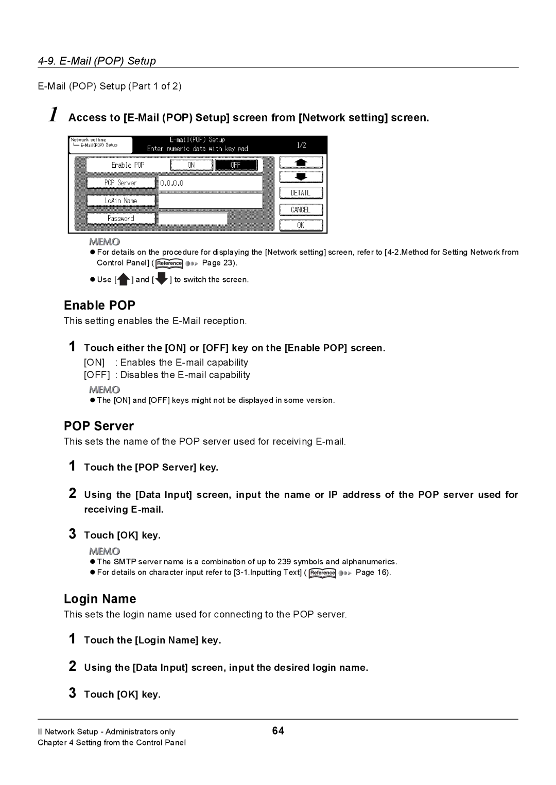 Konica Minolta 7235, Konica 7222, 7228 POP Server, Login Name, Touch either the on or OFF key on the Enable POP screen 