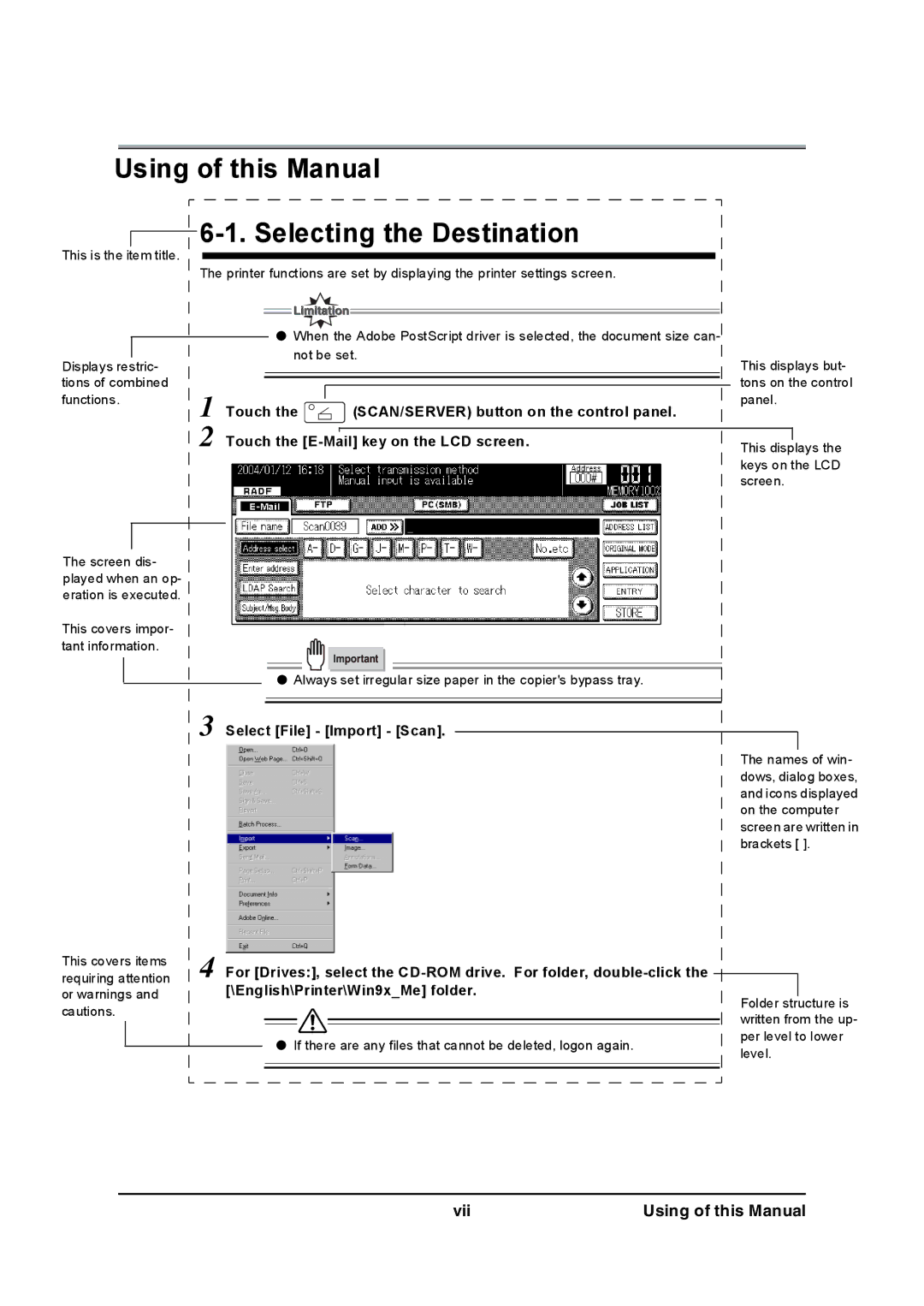 Konica Minolta 7228, Konica 7222 Using of this Manual Selecting the Destination, Touch the E-Mail key on the LCD screen 