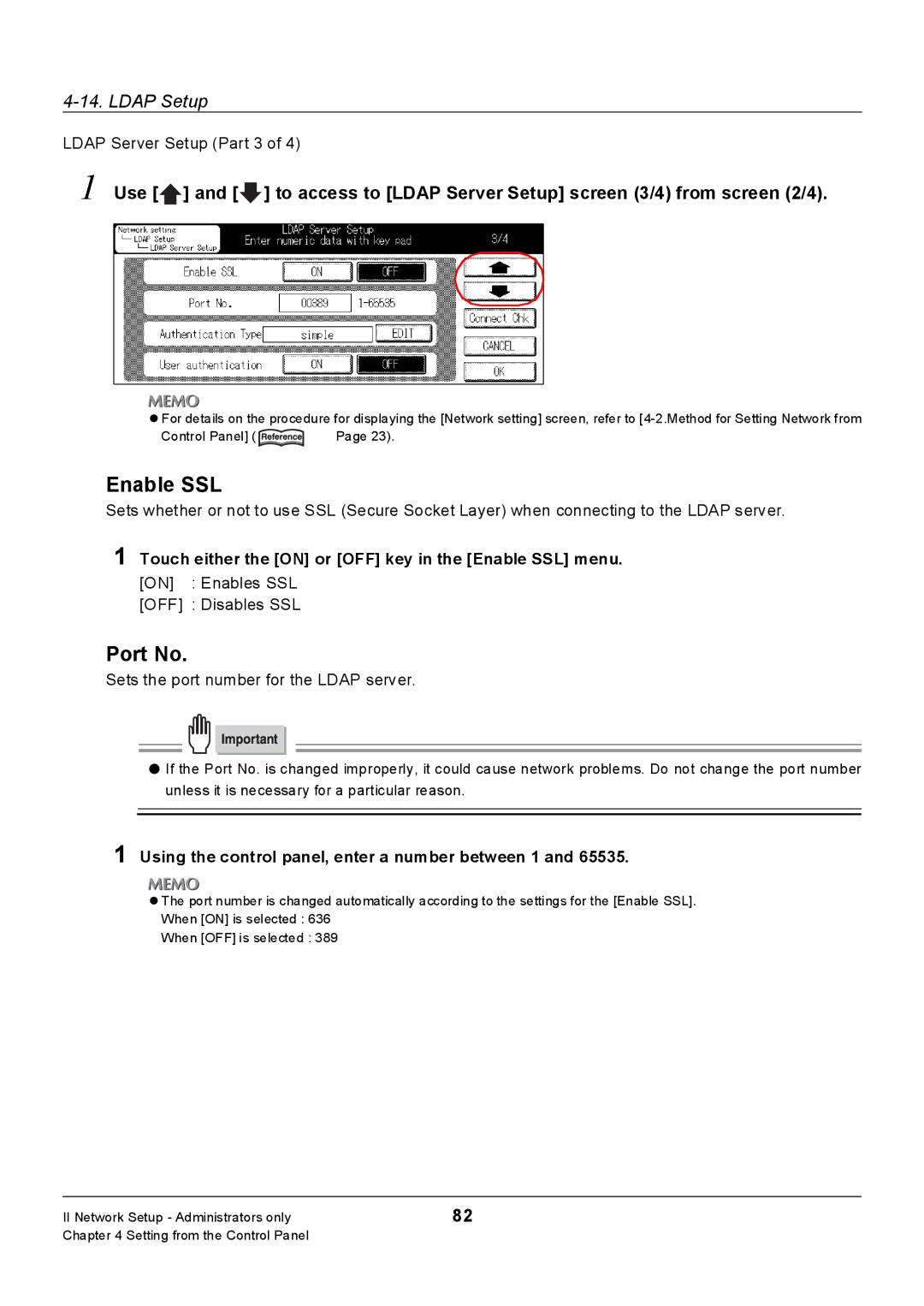 Konica Minolta 7235, Konica 7222, 7228 manual Port No, Touch either the on or OFF key in the Enable SSL menu 