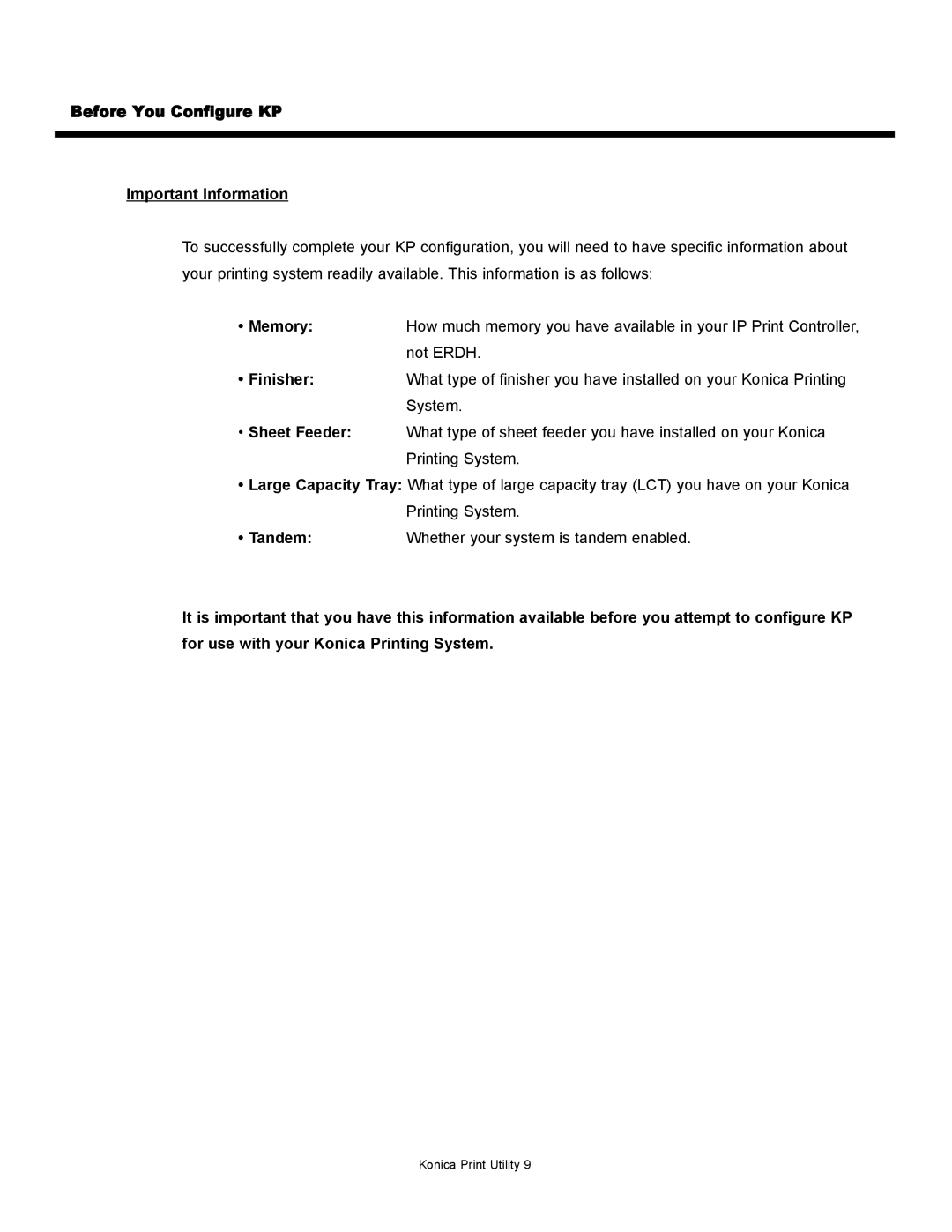 Konica Minolta manual Before You Configure KP Important Information 