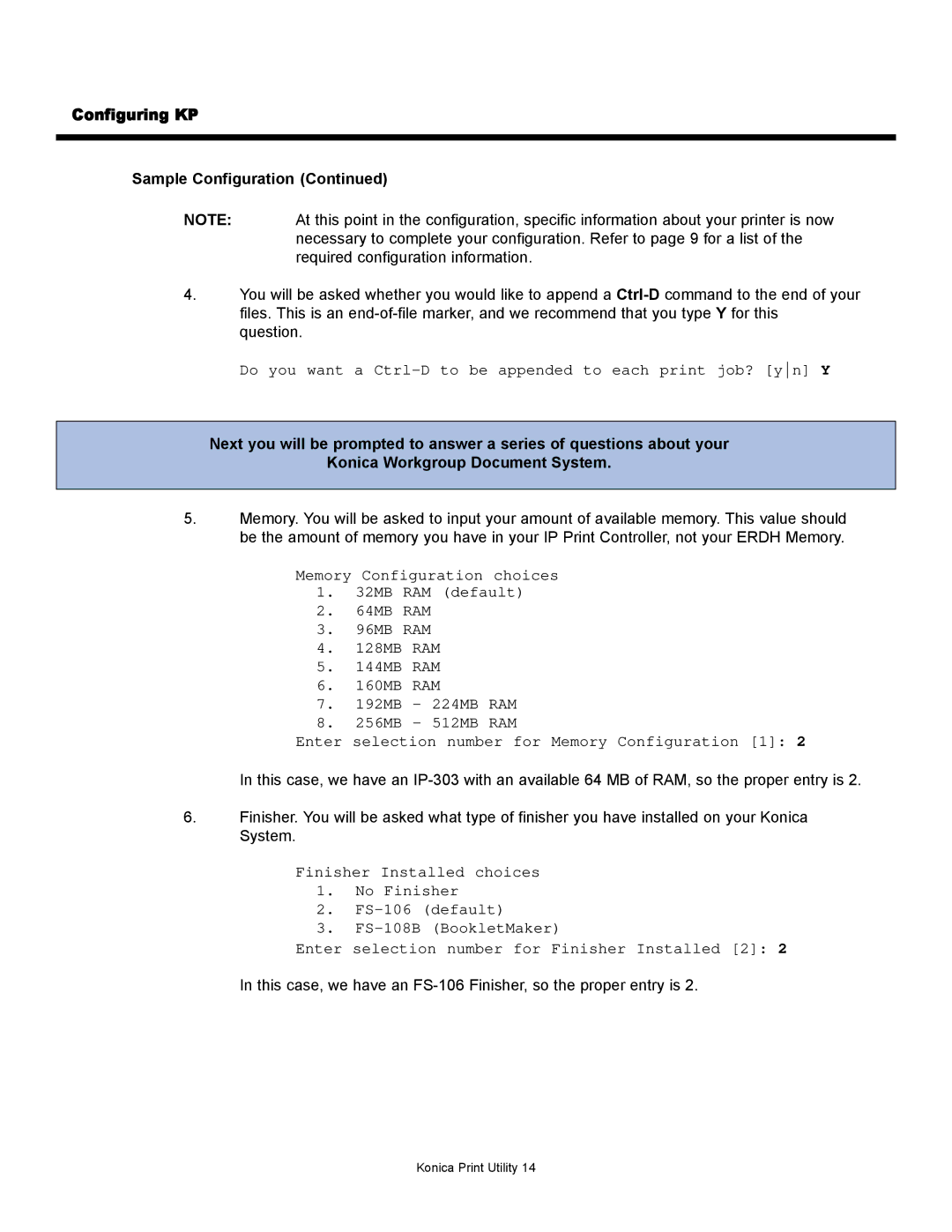 Konica Minolta KP manual Do you want a Ctrl-D to be appended to each print job? yn Y 