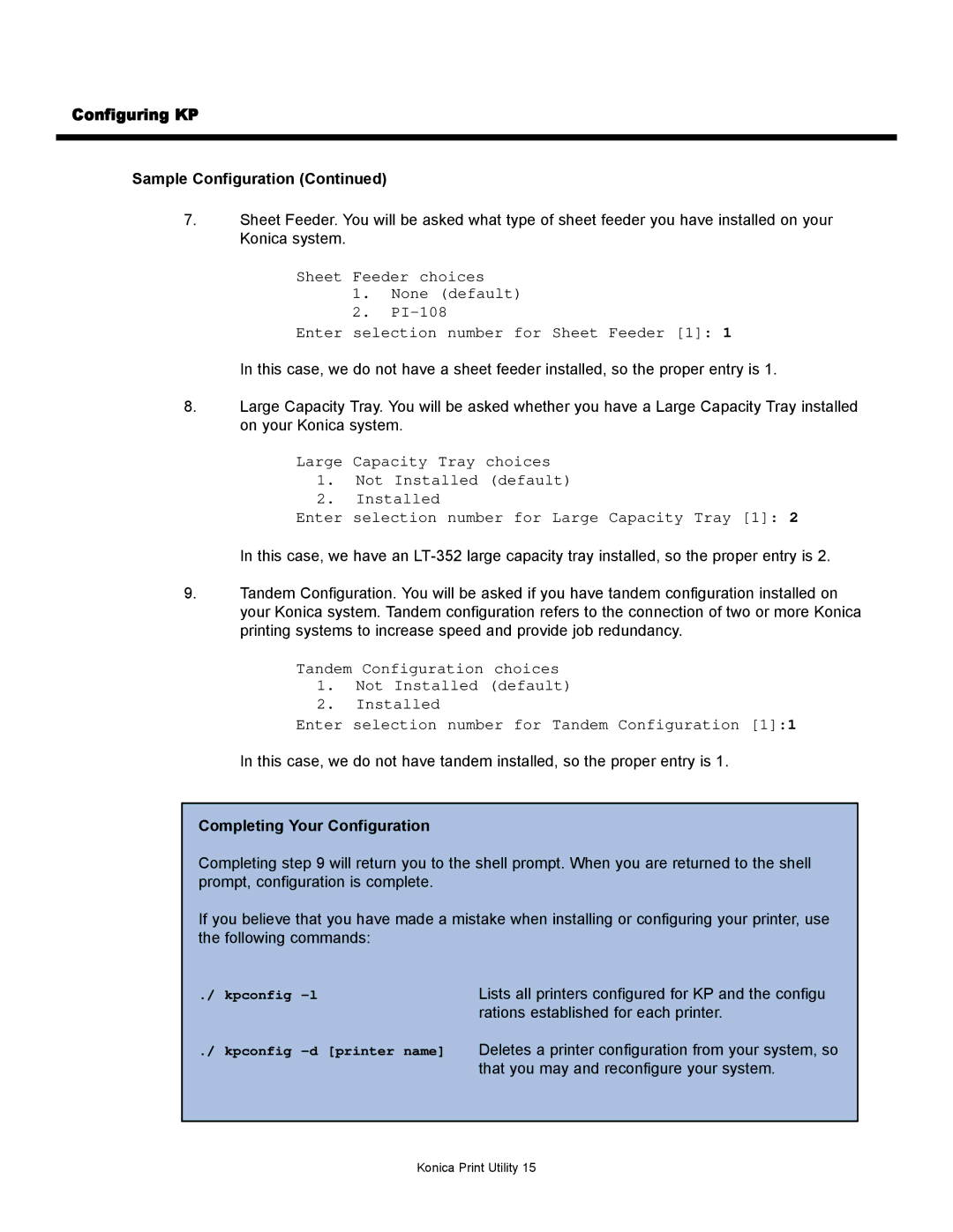 Konica Minolta manual Completing Your Configuration, Lists all printers configured for KP and the configu 