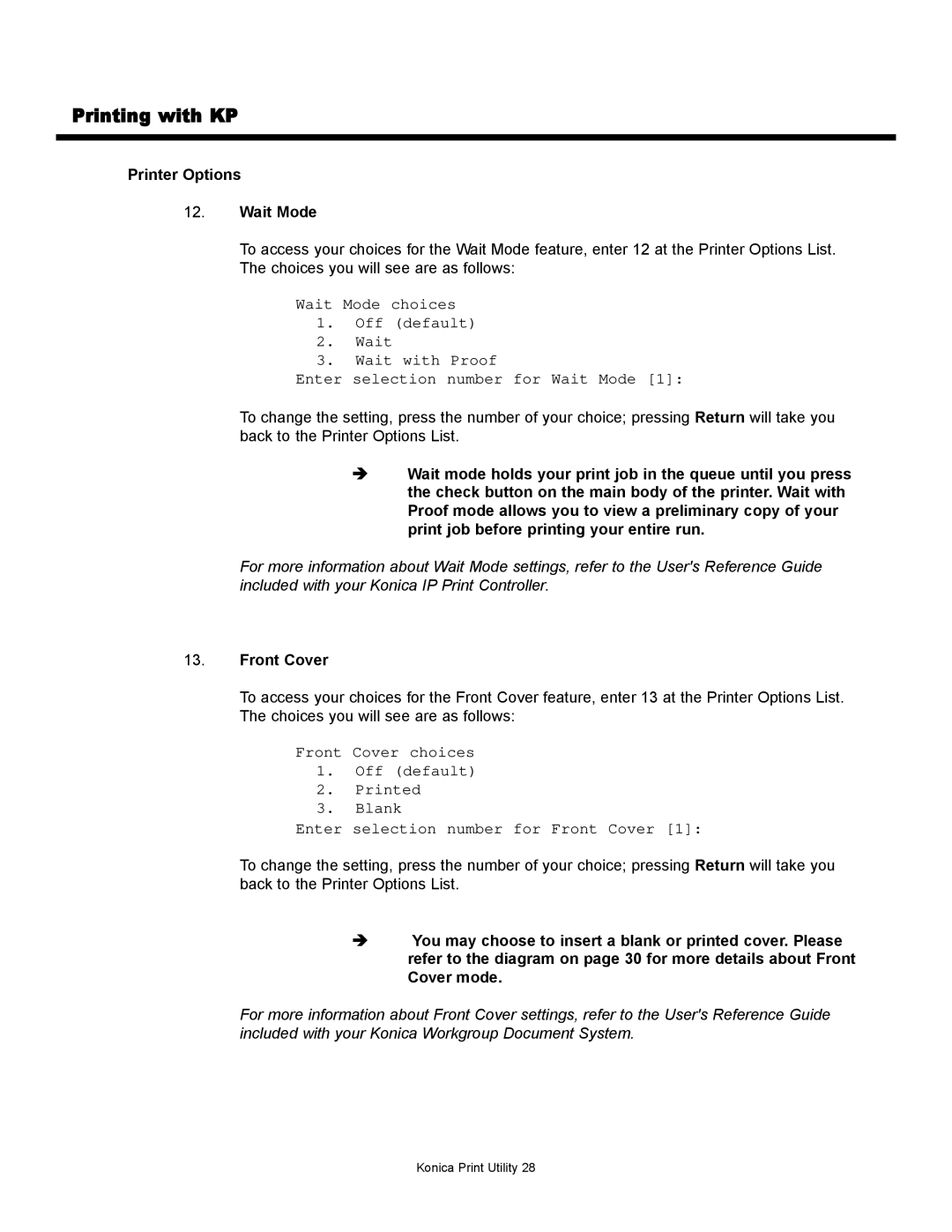 Konica Minolta KP manual Printer Options Wait Mode, Front Cover 