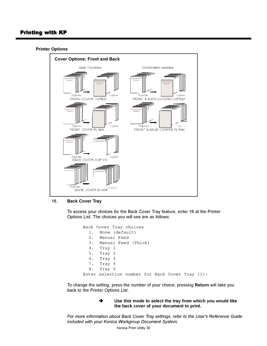 Konica Minolta KP manual Printer Options Cover Options Front and Back Back Cover Tray 
