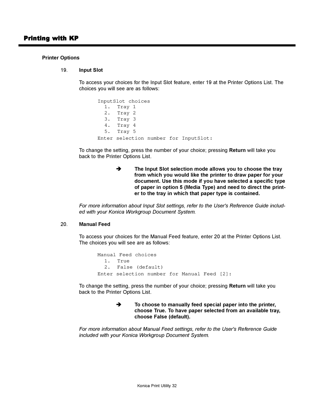 Konica Minolta KP manual Printer Options Input Slot, Manual Feed 