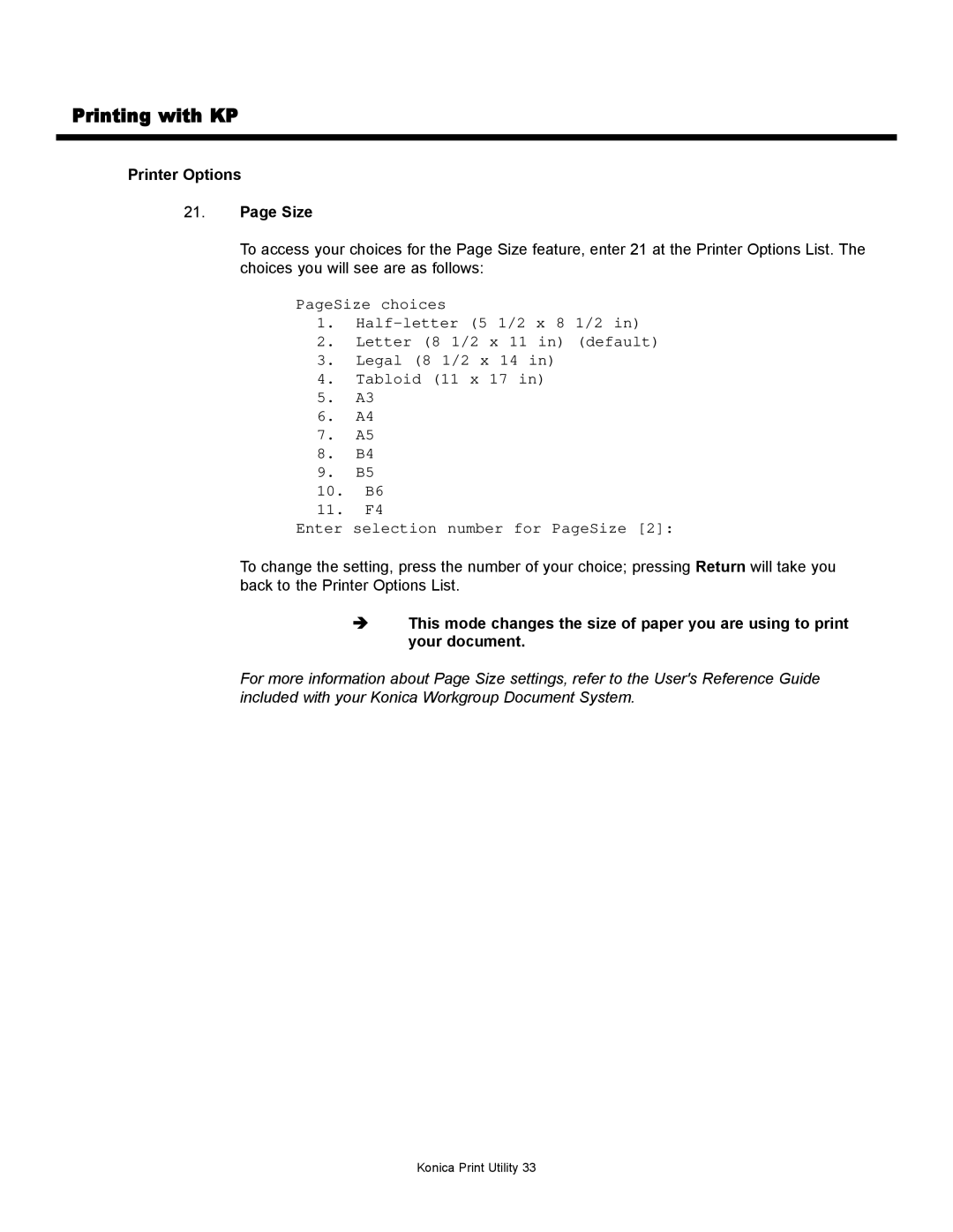 Konica Minolta KP manual Printer Options Size 