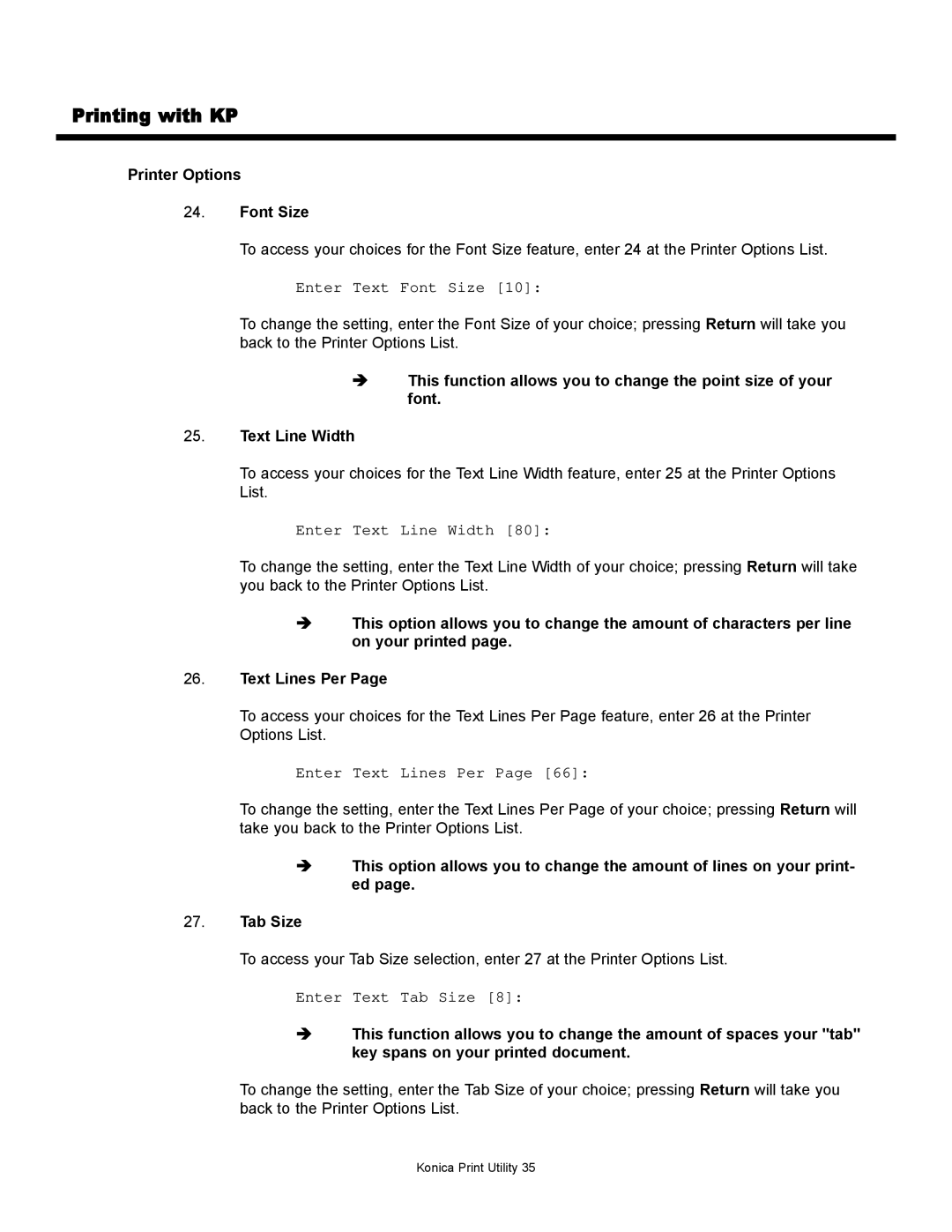 Konica Minolta KP manual Printer Options Font Size, Enter Text Font Size 