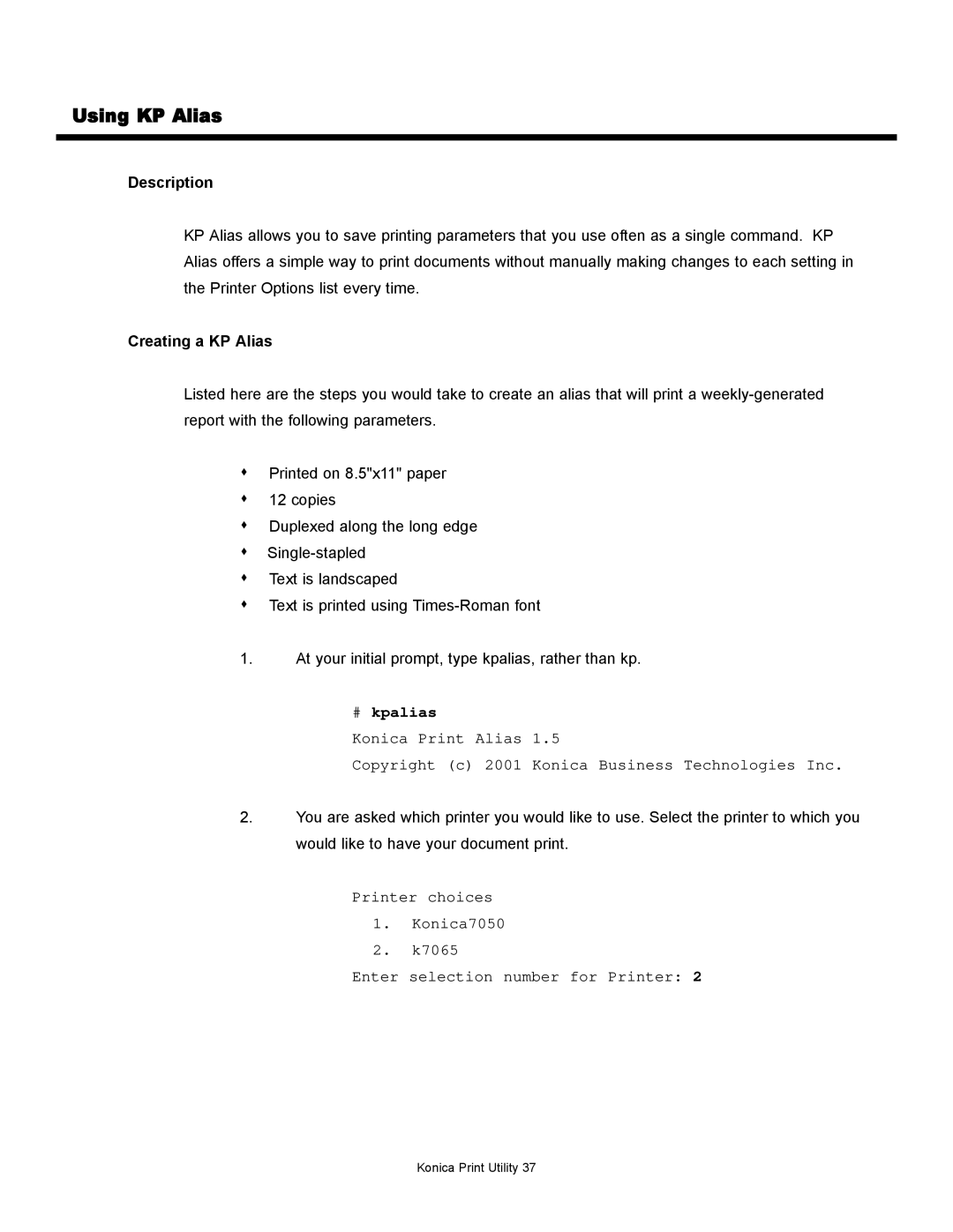 Konica Minolta manual Using KP Alias, Description 