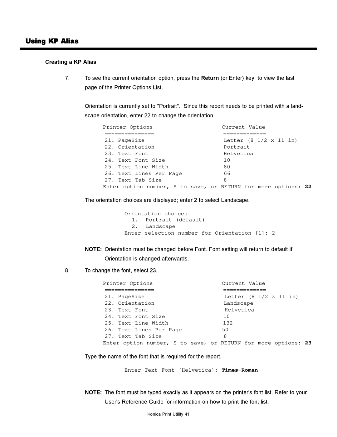 Konica Minolta KP manual Enter Text Font Helvetica Times-Roman 