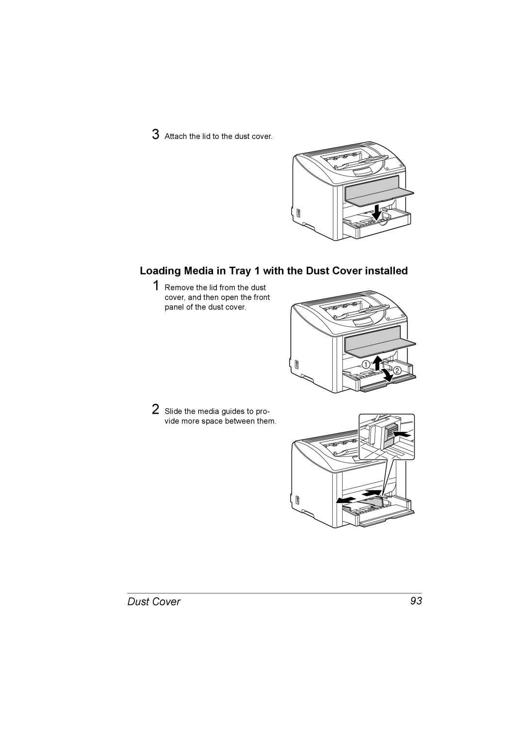 Konica Minolta 1800816-001A, magicolor 2500W, A00V-9563-00A manual Loading Media in Tray 1 with the Dust Cover installed 