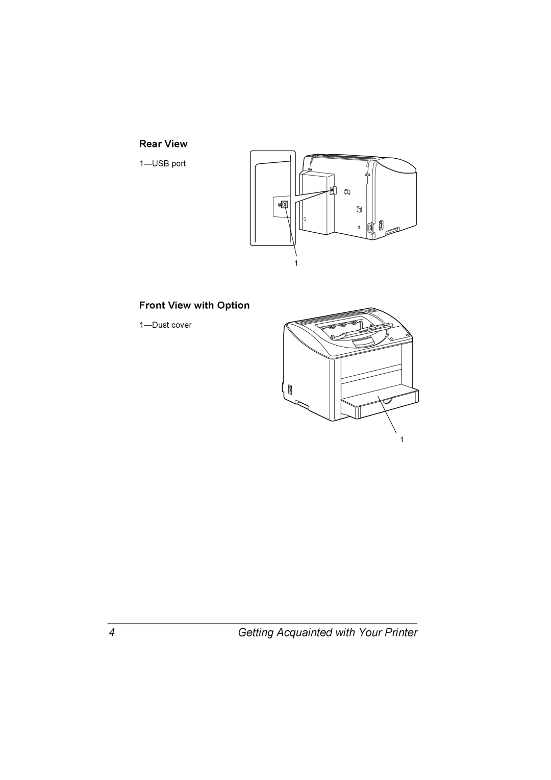 Konica Minolta magicolor 2500W, A00V-9563-00A, 1800816-001A manual Rear View, Front View with Option 