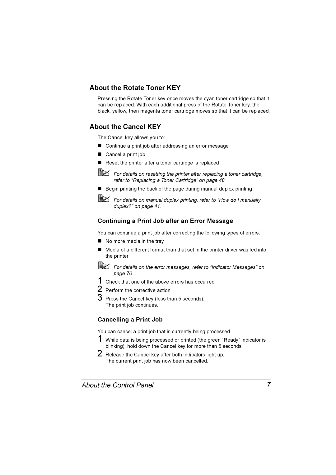 Konica Minolta magicolor 2500W, A00V-9563-00A About the Rotate Toner KEY, About the Cancel KEY, Cancelling a Print Job 