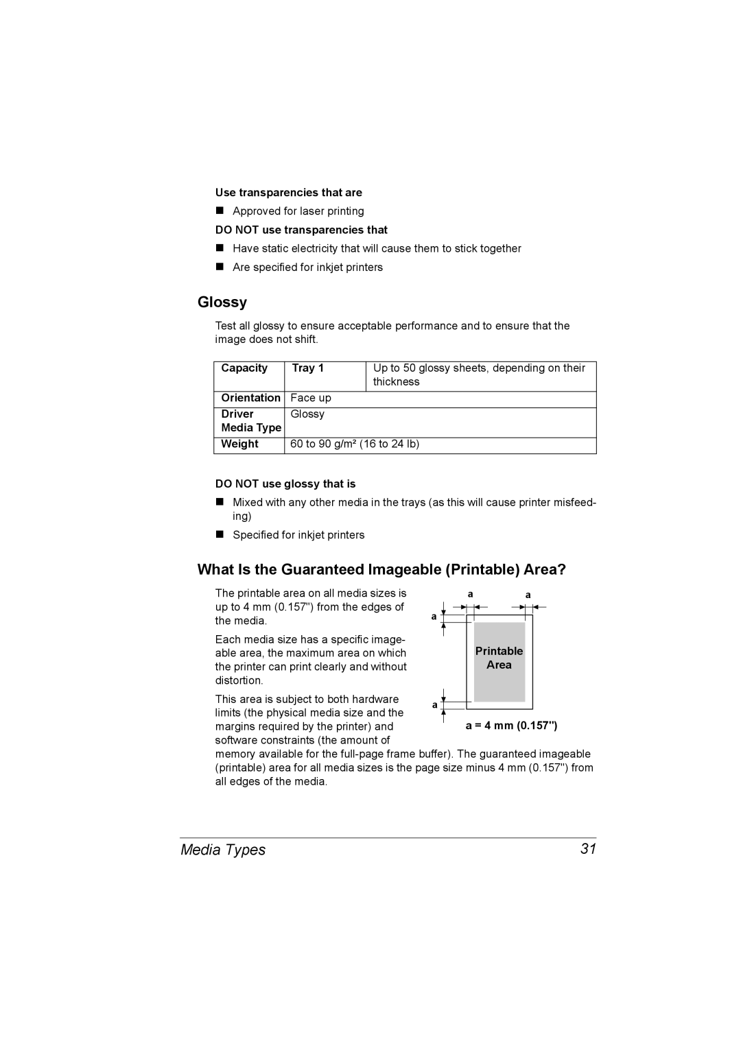 Konica Minolta magicolor 2500W, A00V-9563-00A, 1800816-001A manual Glossy, What Is the Guaranteed Imageable Printable Area? 