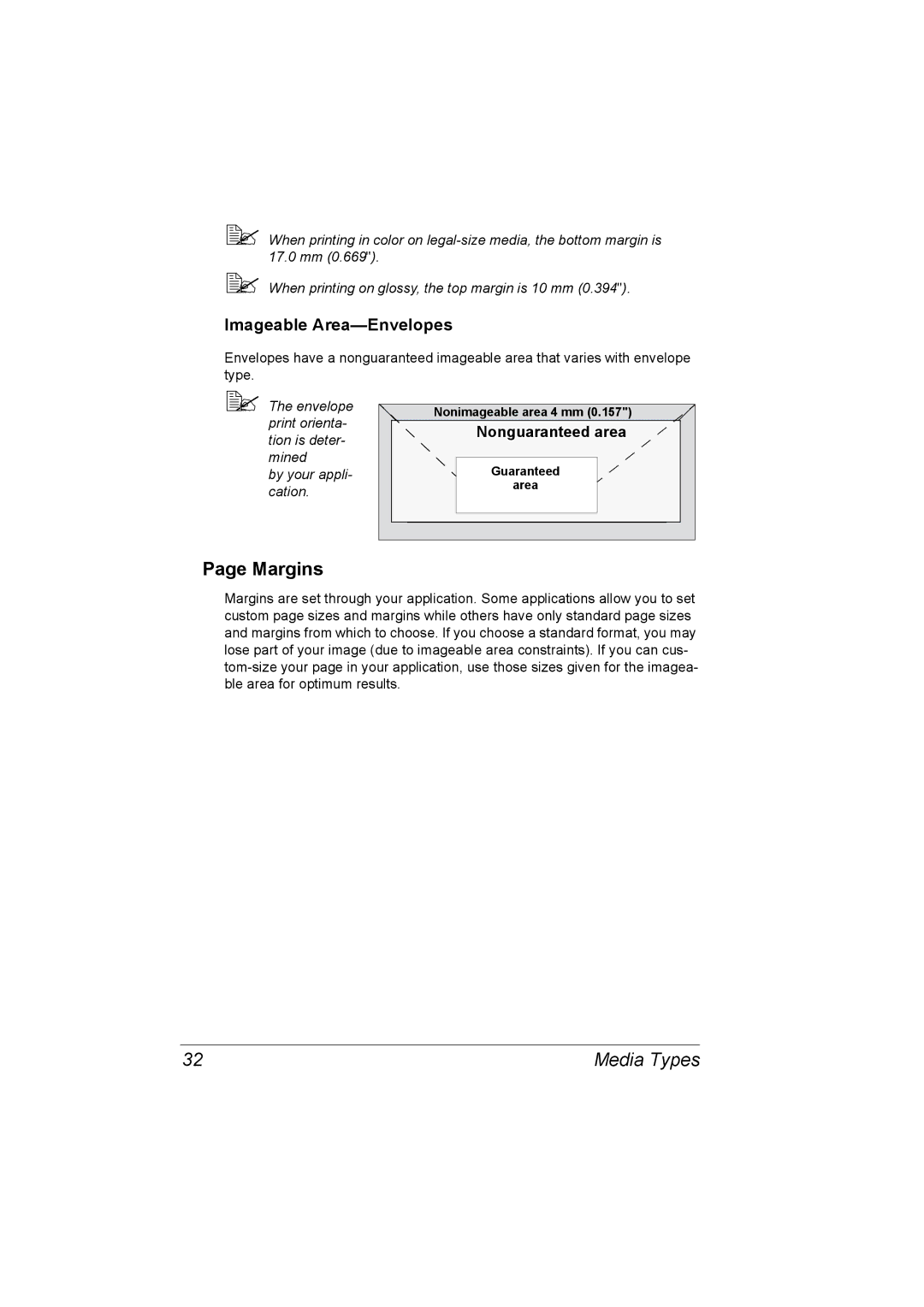 Konica Minolta A00V-9563-00A, magicolor 2500W, 1800816-001A manual Margins, Imageable Area-Envelopes, Nonguaranteed area 