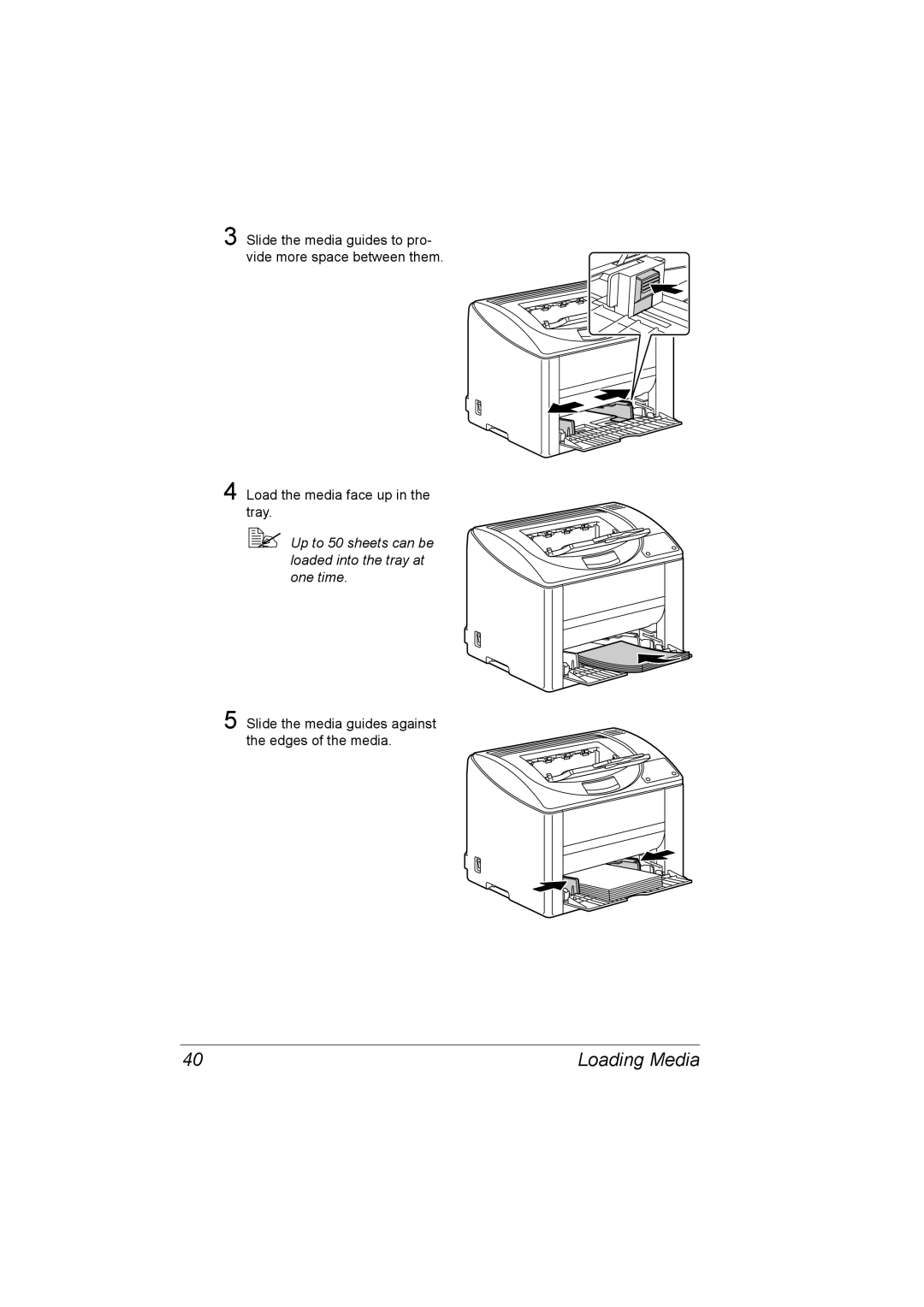 Konica Minolta magicolor 2500W, A00V-9563-00A, 1800816-001A manual Up to 50 sheets can be loaded into the tray at one time 