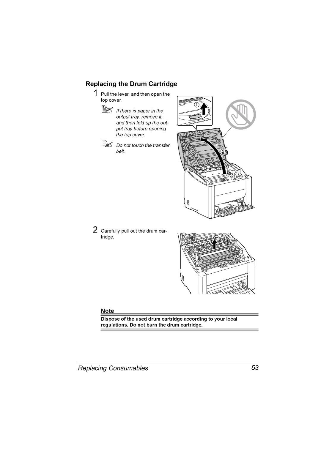 Konica Minolta A00V-9563-00A, magicolor 2500W manual Replacing the Drum Cartridge, Pull the lever, and then open Top cover 