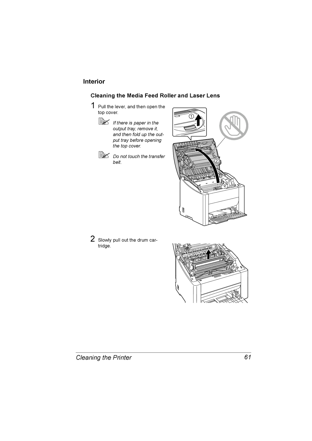 Konica Minolta magicolor 2500W, A00V-9563-00A, 1800816-001A manual Interior, Cleaning the Media Feed Roller and Laser Lens 