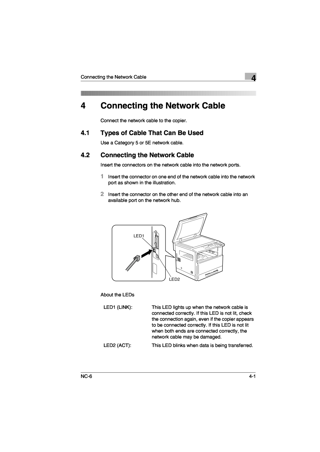 Konica Minolta NC-6 user manual Connecting the Network Cable, Types of Cable That Can Be Used 