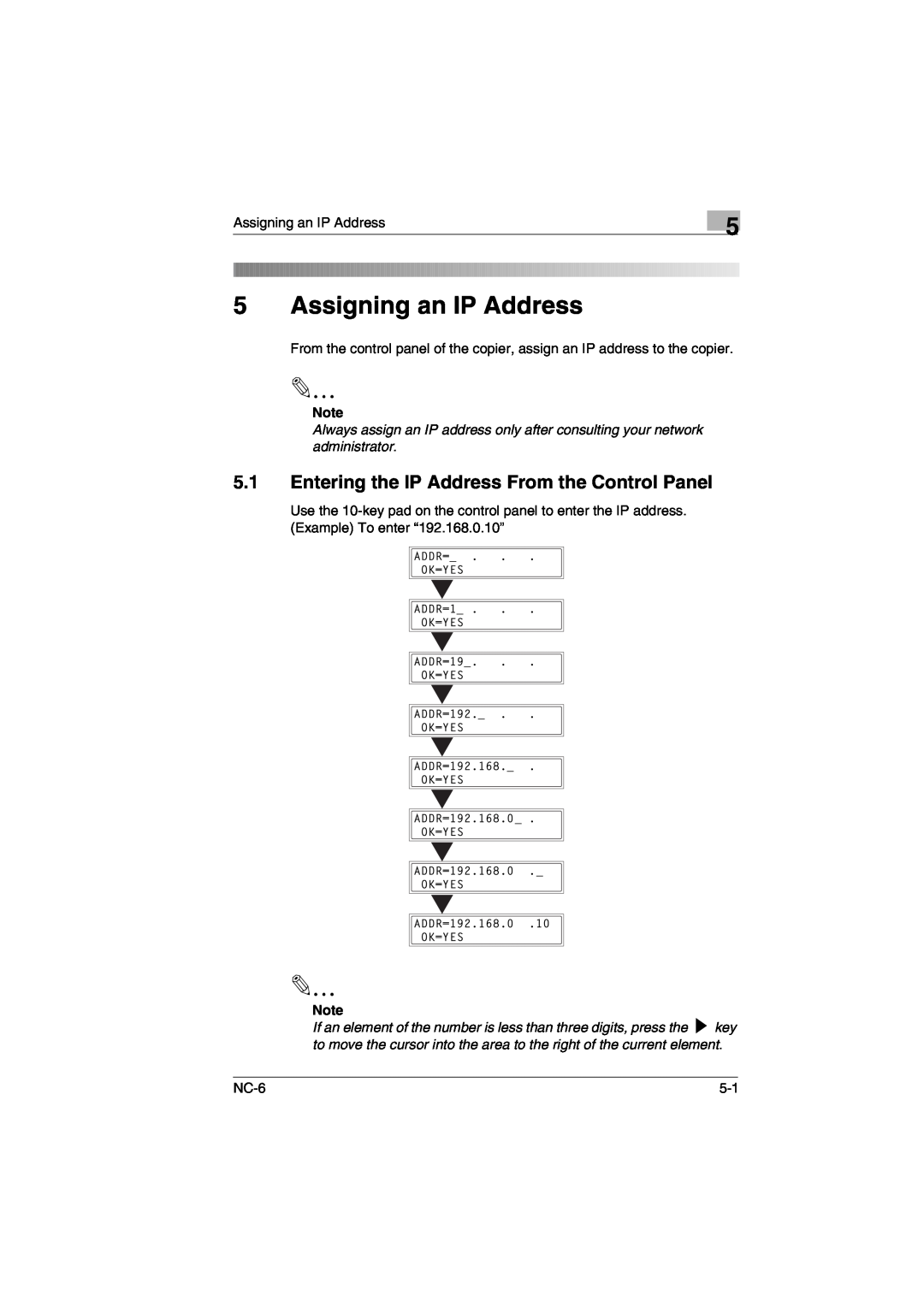 Konica Minolta NC-6 user manual Assigning an IP Address, Entering the IP Address From the Control Panel 