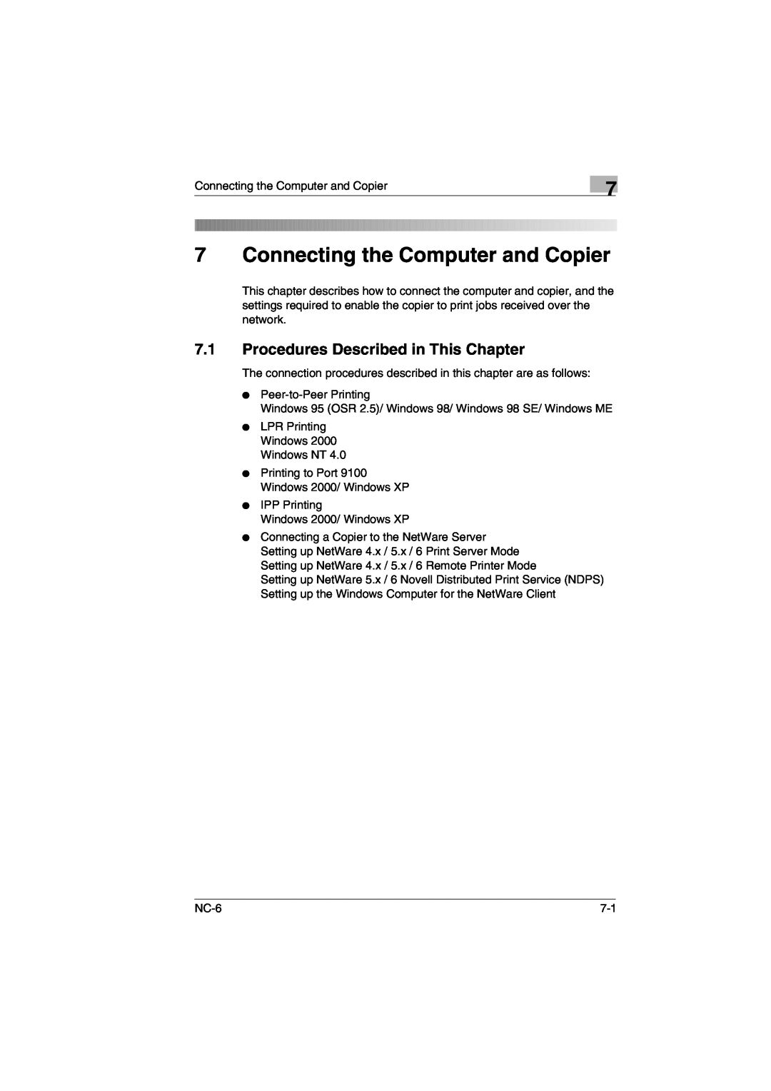 Konica Minolta NC-6 user manual Connecting the Computer and Copier, Procedures Described in This Chapter 