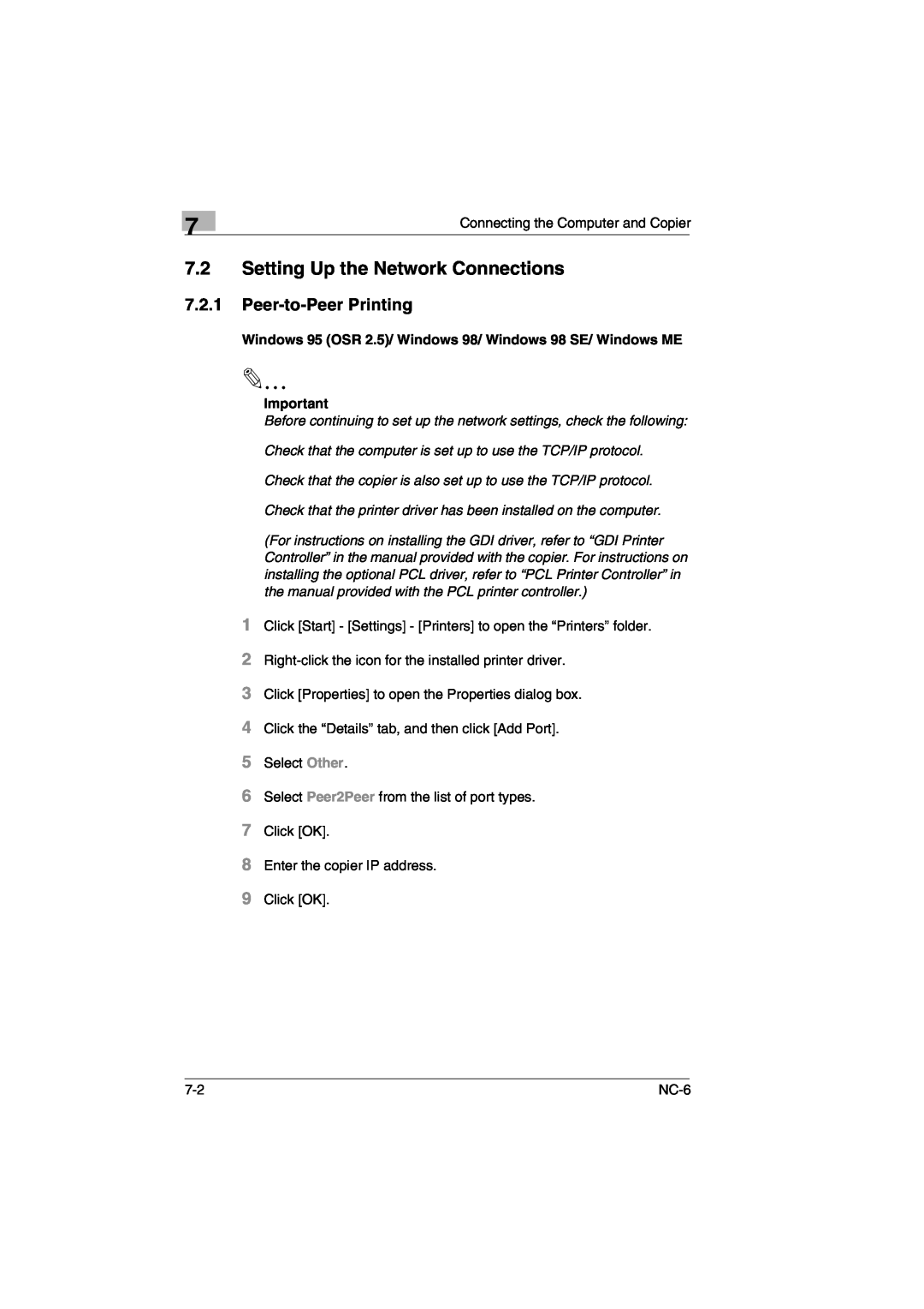Konica Minolta NC-6 user manual Setting Up the Network Connections, Peer-to-Peer Printing 