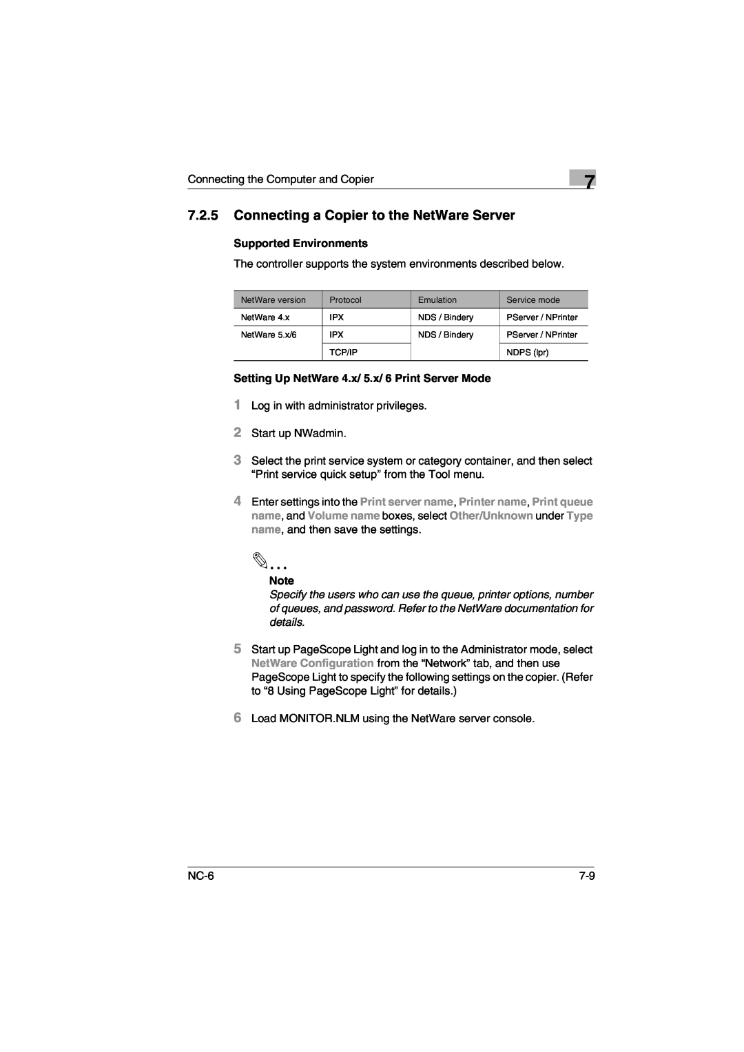 Konica Minolta NC-6 user manual Connecting a Copier to the NetWare Server 