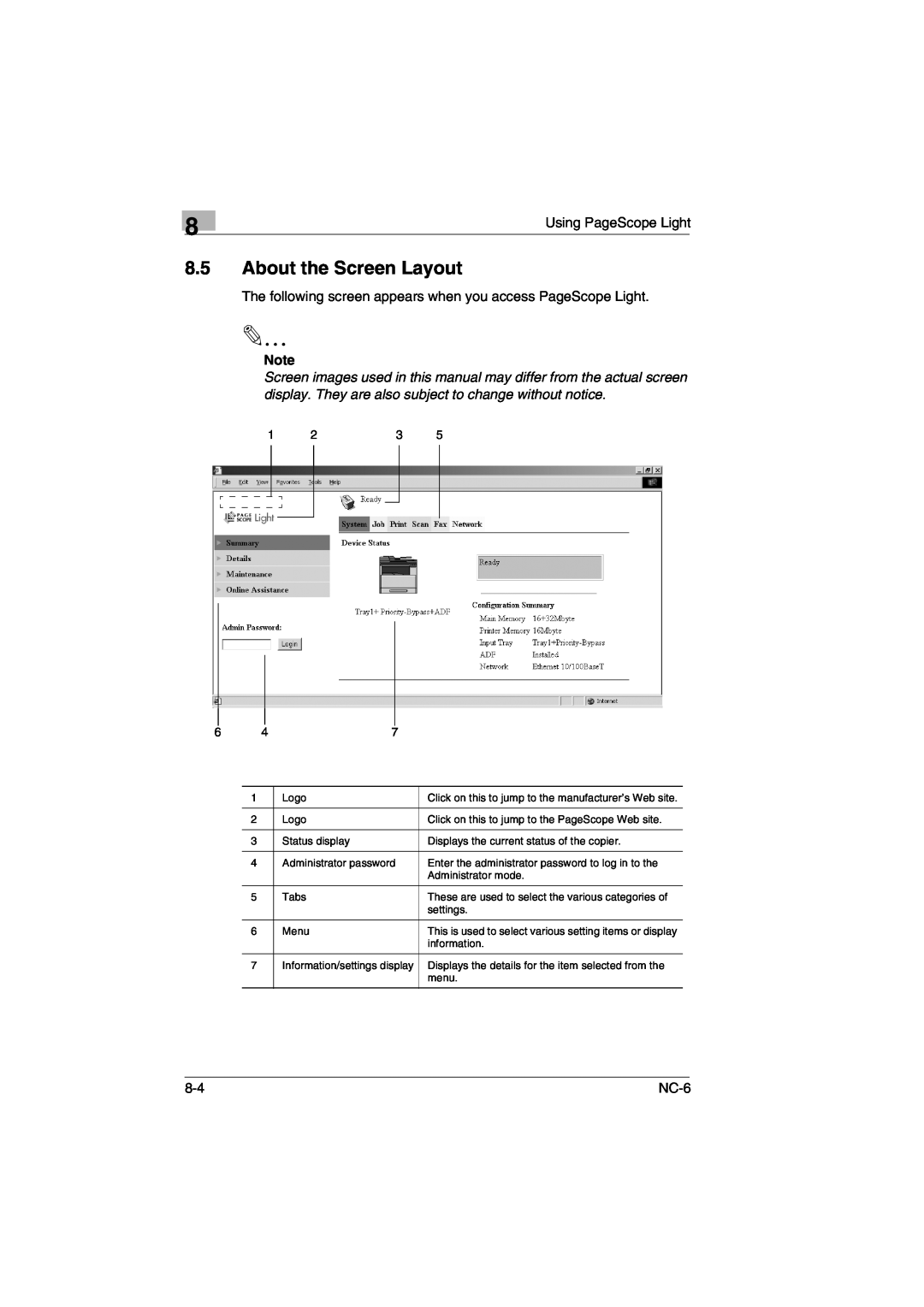 Konica Minolta NC-6 user manual About the Screen Layout, Click on this to jump to the manufacturer’s Web site 
