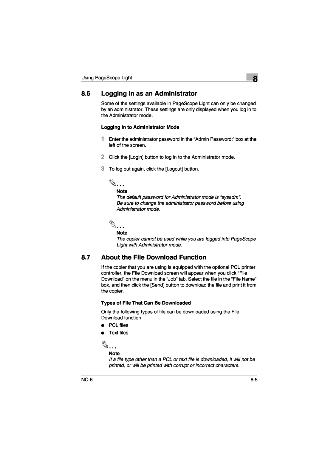Konica Minolta NC-6 user manual Logging In as an Administrator, About the File Download Function, Administrator mode 