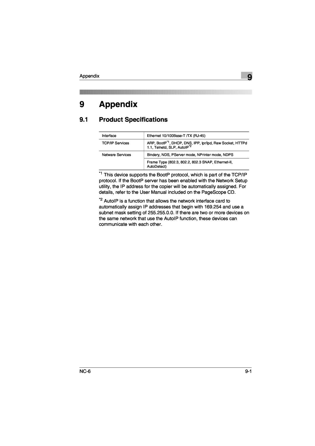 Konica Minolta NC-6 user manual Appendix, Product Specifications 