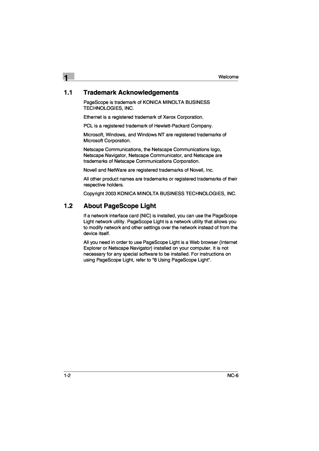 Konica Minolta NC-6 user manual Trademark Acknowledgements, About PageScope Light 