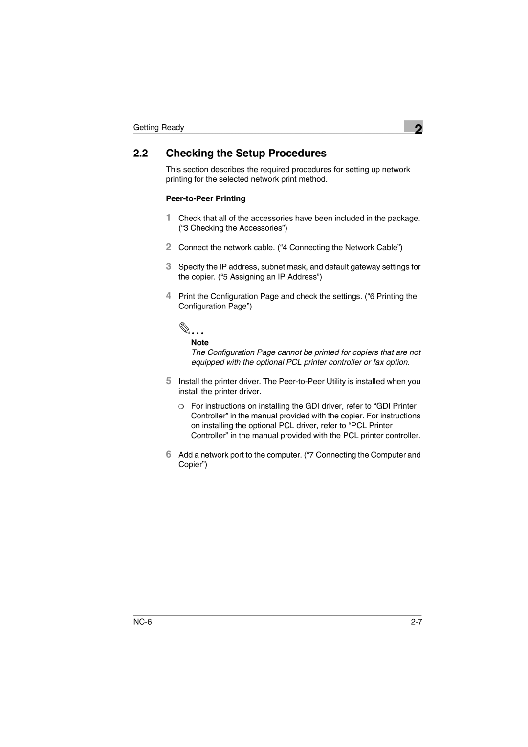 Konica Minolta NC-6 user manual Checking the Setup Procedures, Peer-to-Peer Printing 