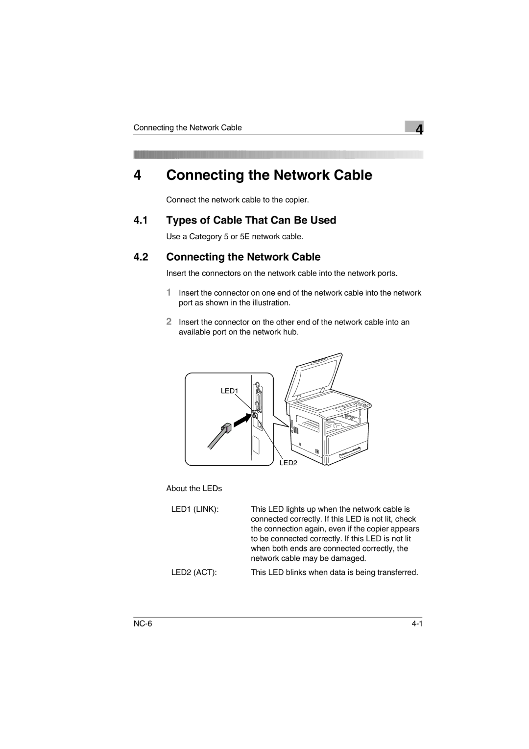 Konica Minolta NC-6 user manual Connecting the Network Cable, Types of Cable That Can Be Used 