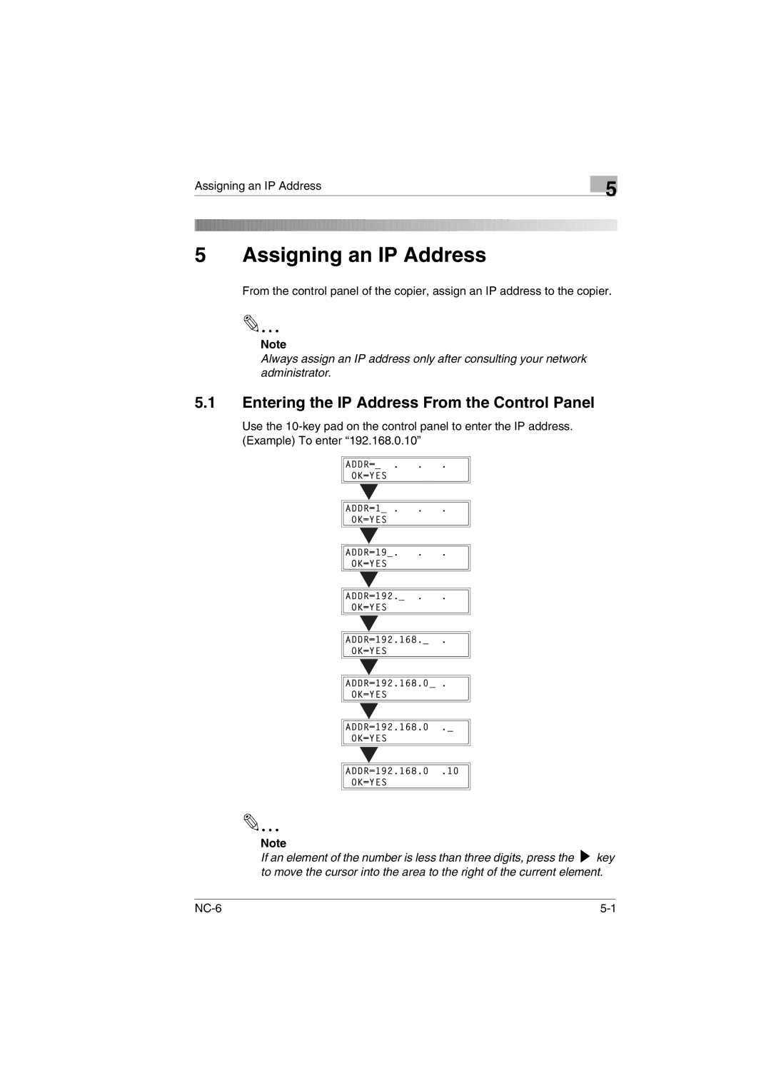 Konica Minolta NC-6 user manual Assigning an IP Address, Entering the IP Address From the Control Panel 