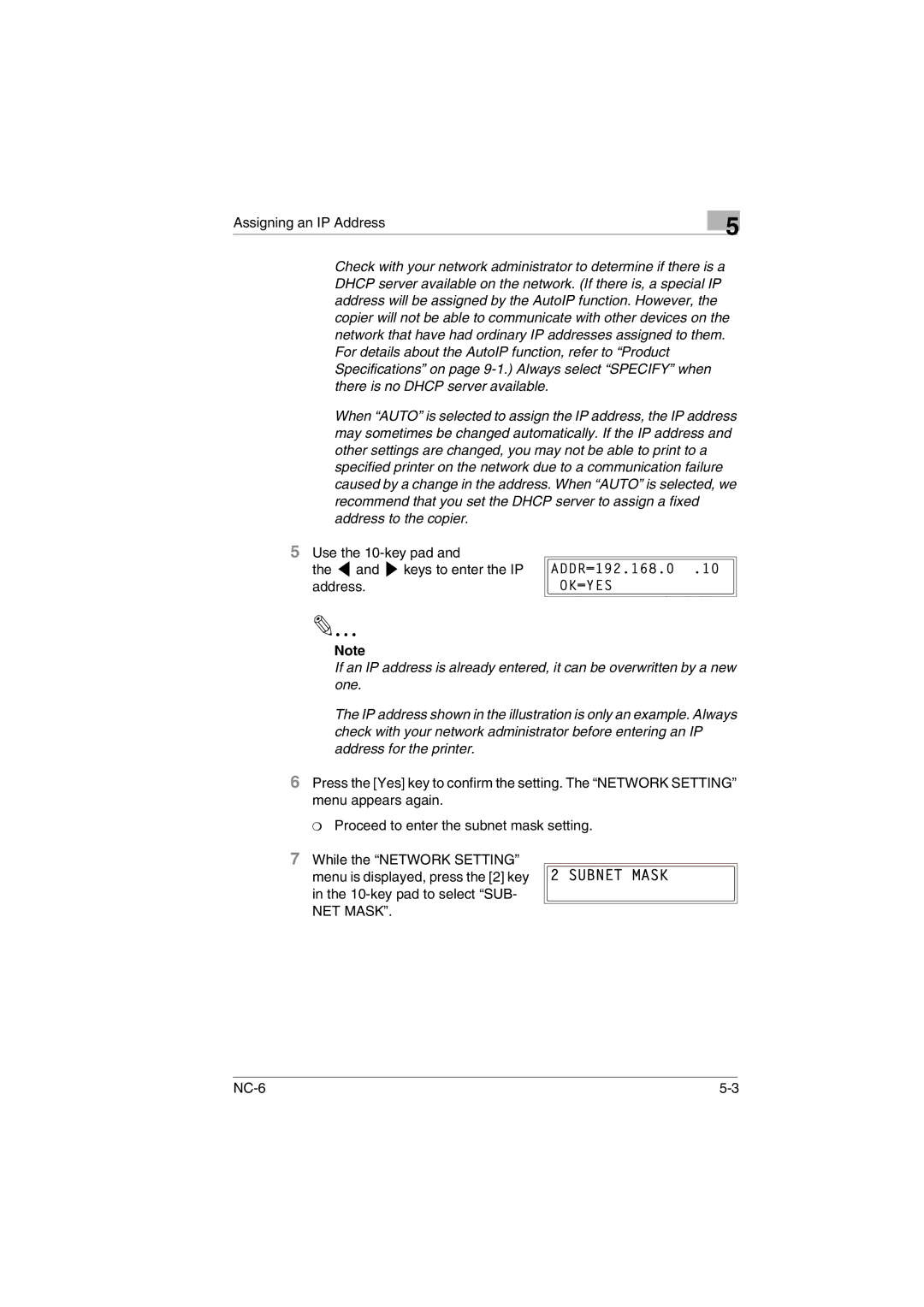 Konica Minolta NC-6 user manual Use the 10-key pad Keys to enter the IP address 