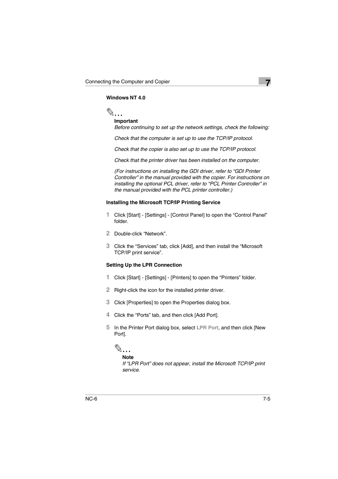 Konica Minolta NC-6 user manual Windows NT, Installing the Microsoft TCP/IP Printing Service, Setting Up the LPR Connection 