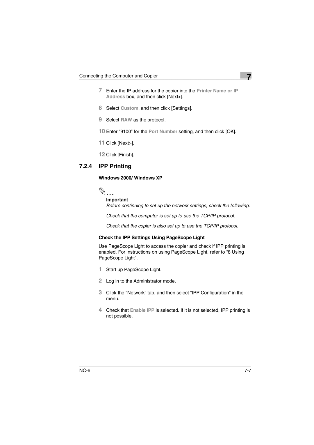 Konica Minolta NC-6 user manual Windows 2000/ Windows XP, Check the IPP Settings Using PageScope Light 