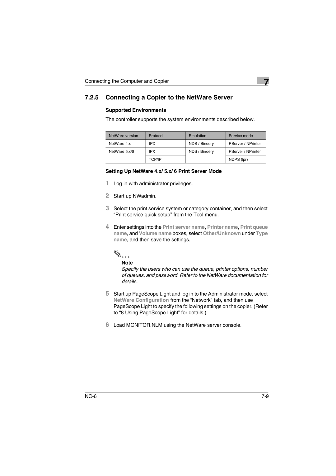 Konica Minolta NC-6 user manual Connecting a Copier to the NetWare Server, Setting Up NetWare 4.x/ 5.x/ 6 Print Server Mode 